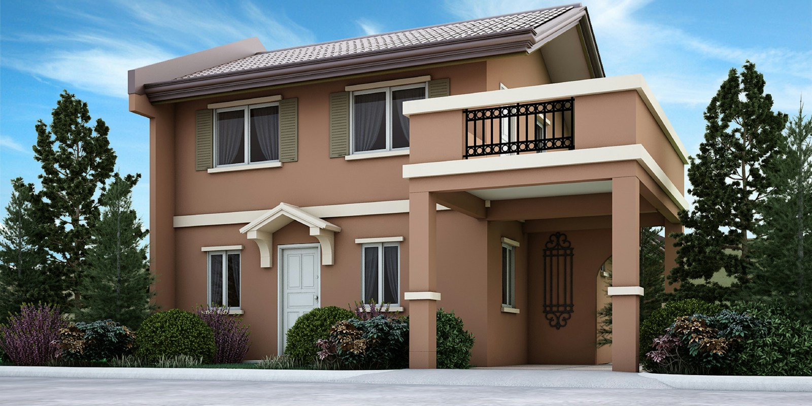 a two story house with a balcony and balconies