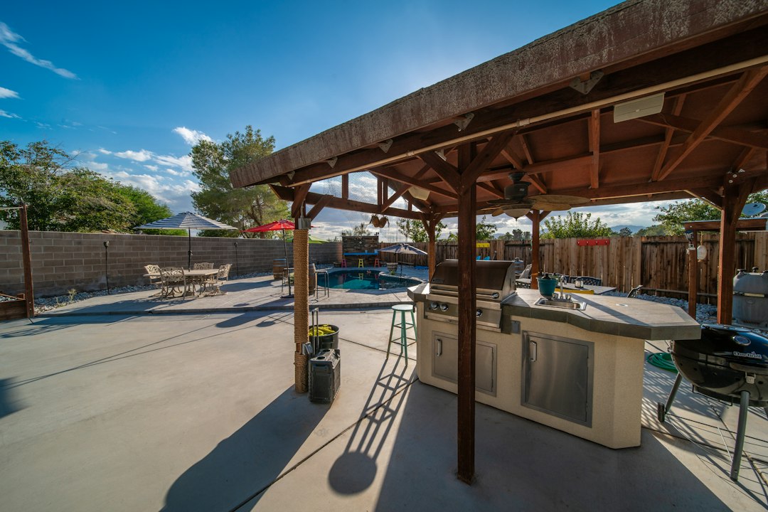Covered backyard patio with table and grill