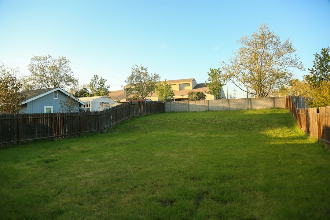 Grassy backyard with a wooden fence and house