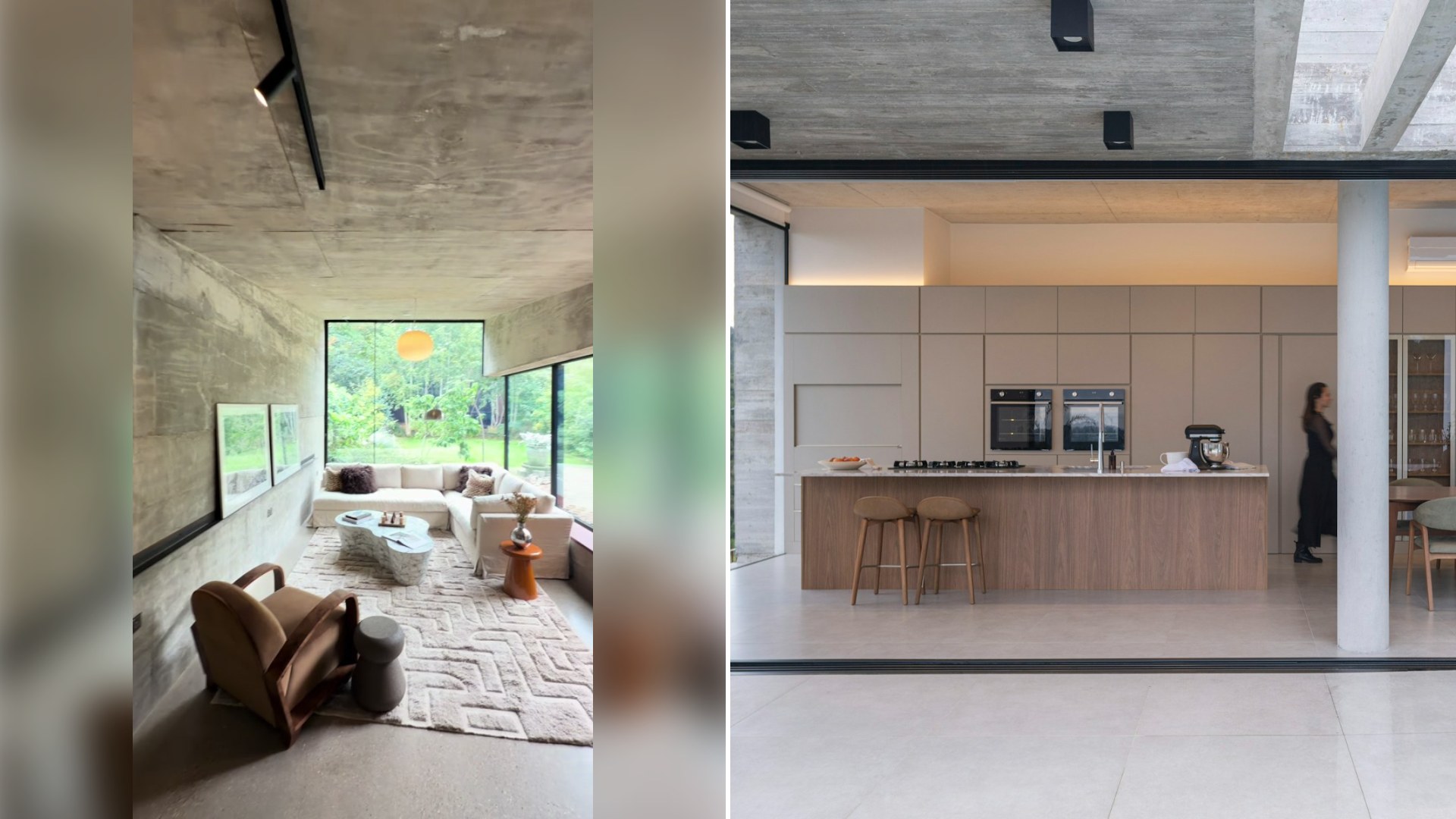 Left: cover still from a TikTok video by @will_leggatt. Right: a modern open-plan kitchen and dining area (Unsplash photo by Caroline Badran).