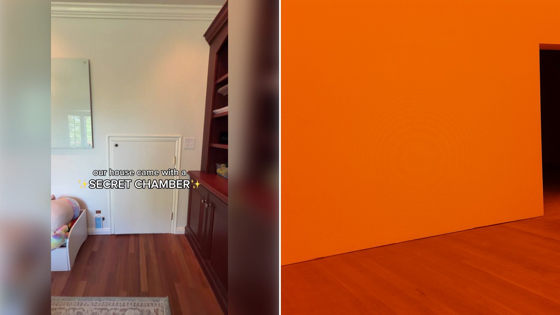 Left: cover still from a TikTok video by @kyliekatich. Right: an orange wall and wooden floor (Unsplash photo by Natalia Y.).