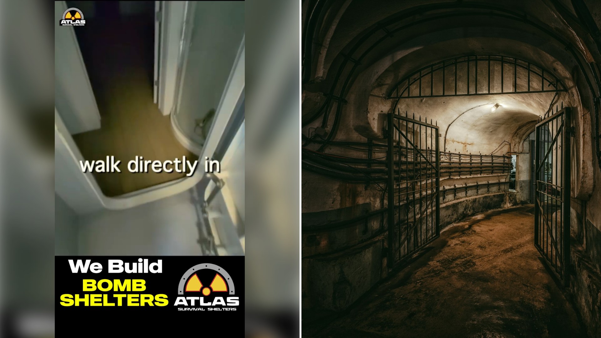 Left: still from an Instagram reel by @atlassurvivalshelters. Right: an underground bunker with an arched ceiling and metal gates (Unsplash photo by Peter Herrmann).