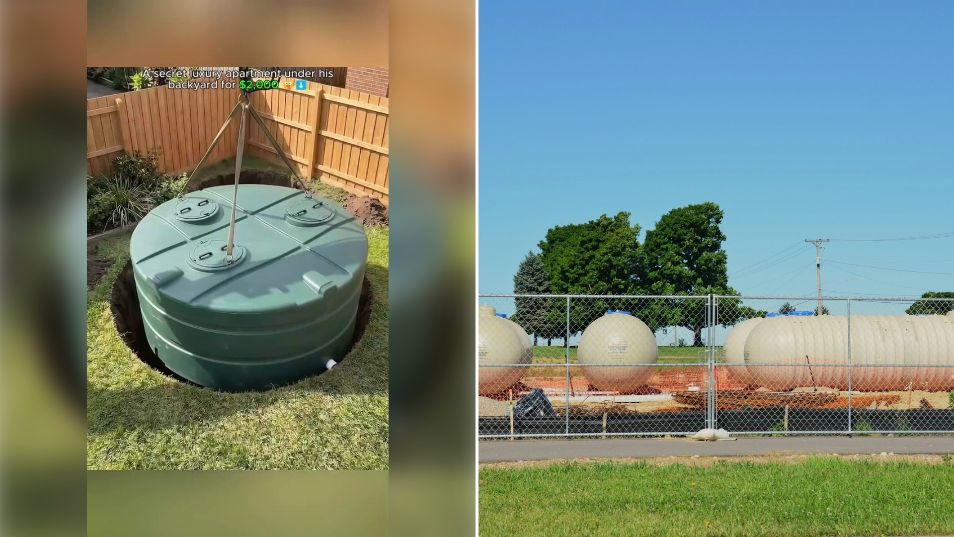 Left: cover still from a TikTok video by @gilinisgrrh. Right: large industrial storage tanks behind a chain-link fence (Unsplash photo by Roger Starnes Sr).