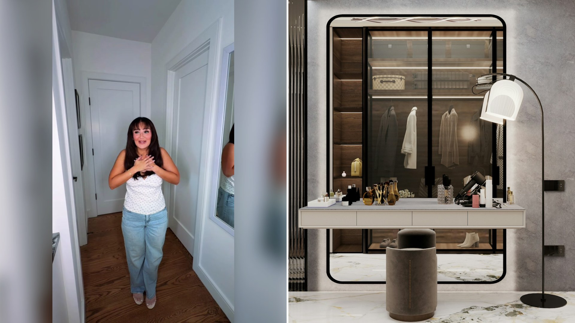 Left: cover still from a TikTok video by @mikaylanogueira. Right: a dressing room with a vanity and walk-in closet (Unsplash photo by Ashish R. Mishra).