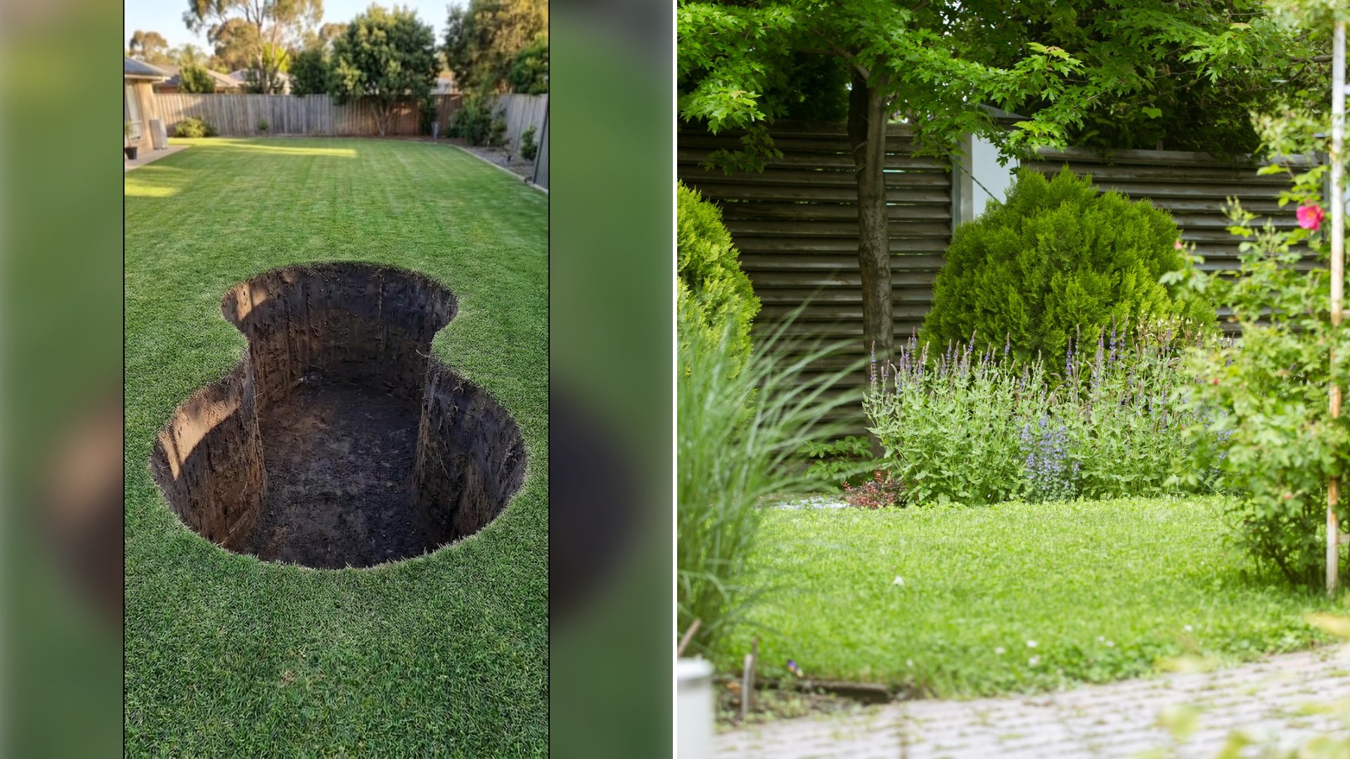 Left: cover still from a TikTok video by @sharkcreates. Right: a green lawn with shrubs and a stone path (Unsplash photo by Tatyana Rubleva).