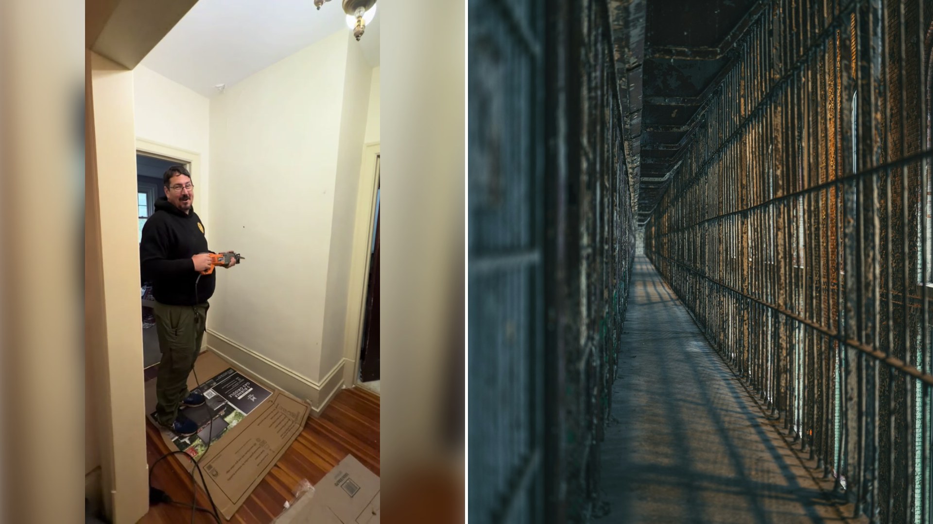 Left: cover still from a TikTok video by @playerswanted. Right: a dimly lit prison corridor with barred cells (Unsplash photo by Ed Stone).