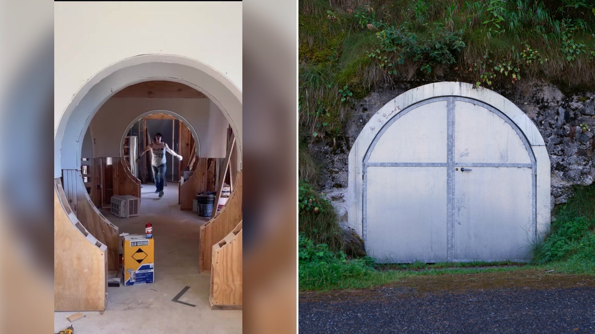 Left: cover still from a TikTok video by @nauvoo.halfling.house. Right: a large white door on a green hillside (Unsplash photo by iridial).