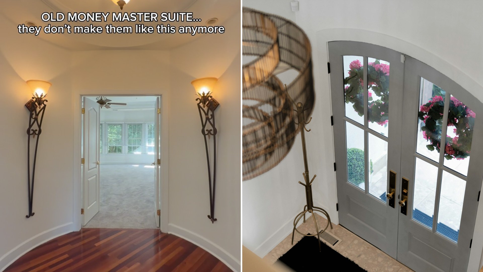 Left: cover still from an Instagram reel by @theangelasaint. Right: an entryway with a chandelier (Unsplash photo by Franco Debartolo).