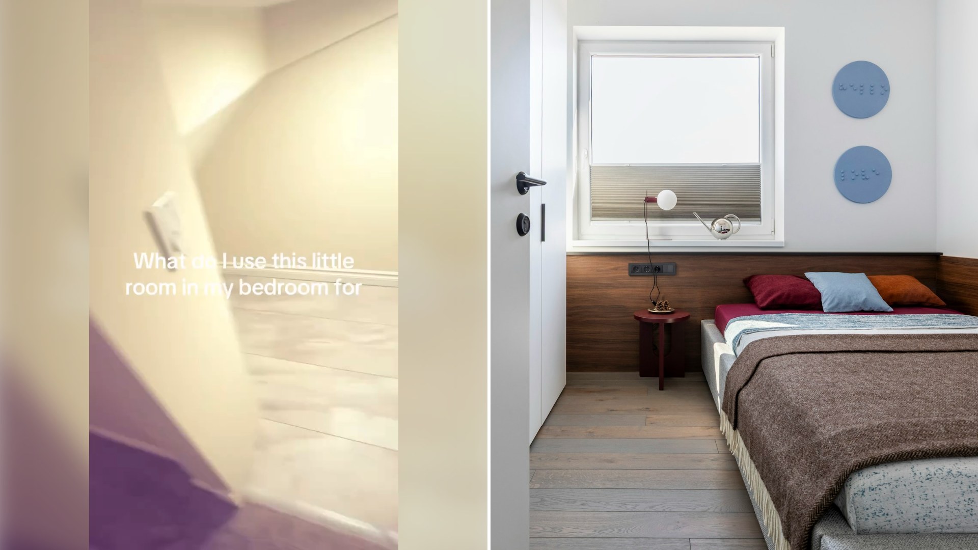 Left: still from an Instagram reel by @bylunadecor. Right: a bedroom with a single bed and a window (Unsplash photo by Irena Oze).