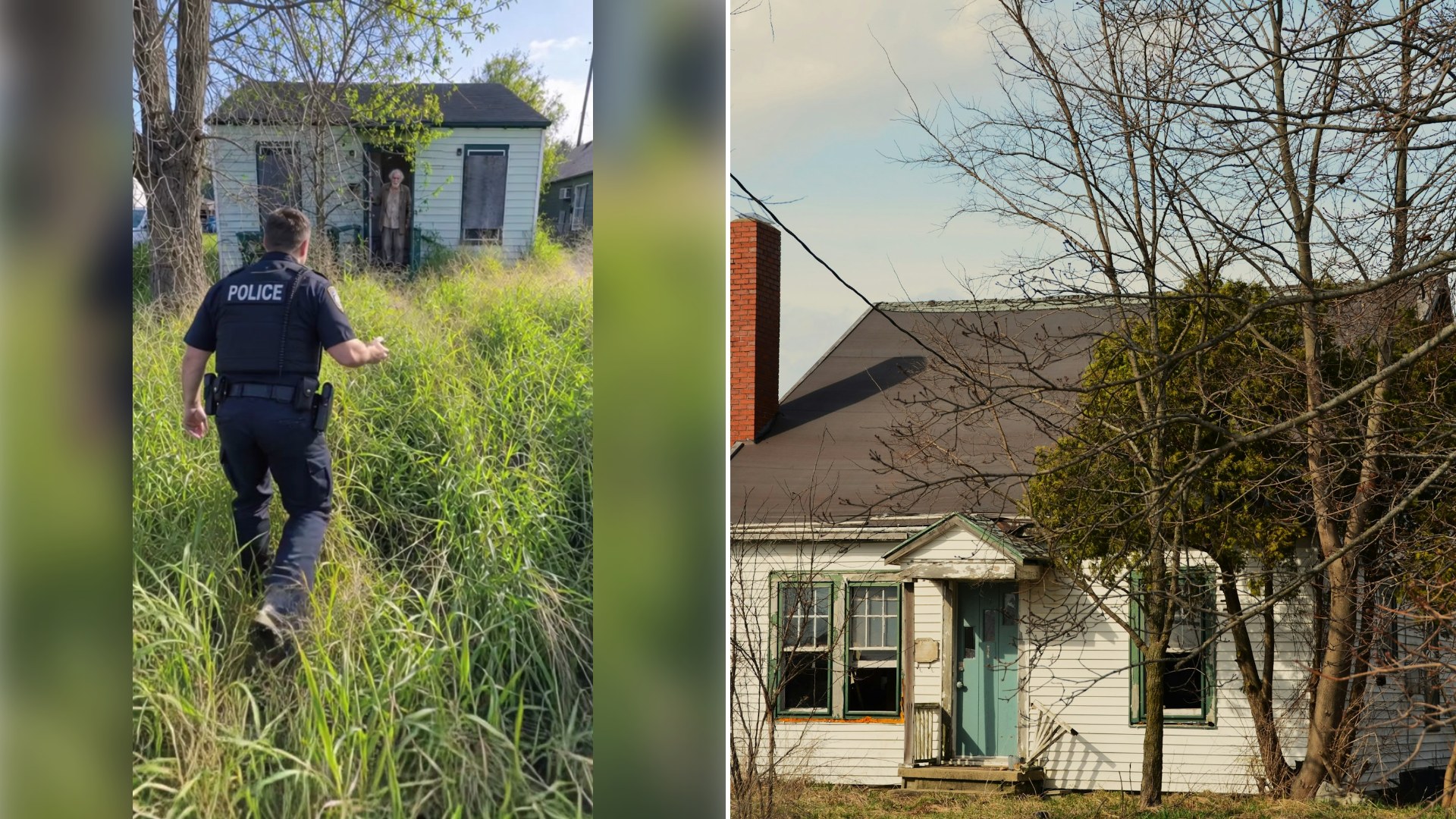Left: cover still from a TikTok video by @ntdmowing2. Right: a small white house with a red brick chimney (Unsplash photo by Roger Starnes Sr).