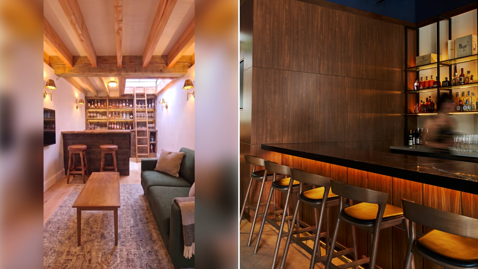 Left: cover still from a TikTok video by @thedreambuilds. Right: a bar with stools (Unsplash photo by Panos Katsigiannis).
