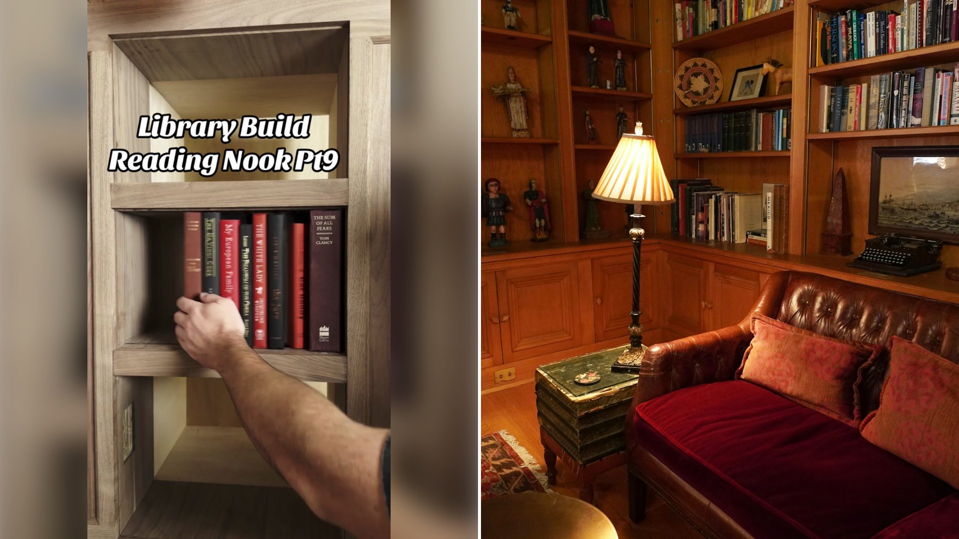 Left: cover still from a TikTok video by @crowcreations2. Right: a home library with wooden bookshelves (Unsplash photo by Brett Wharton).