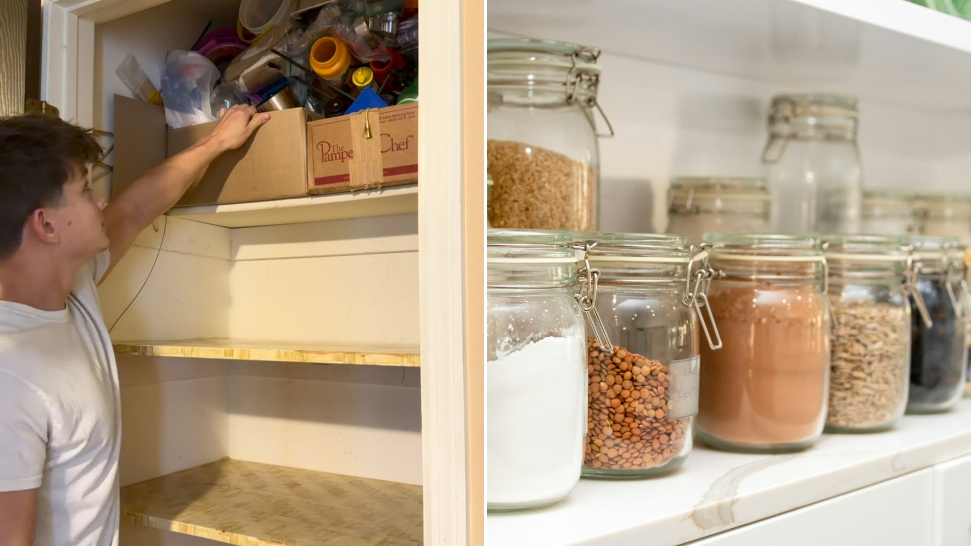 Left: cover still from an Instagram reel by @ryanmartin3232. Right: jars of food on pantry shelves (Unsplash photo by Steven Ungermann).