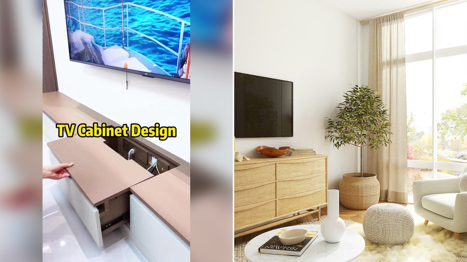 Left: cover still from a TikTok video by @pahome01. Right: a living room with a large flat-screen TV (Unsplash photo by Spacejoy).