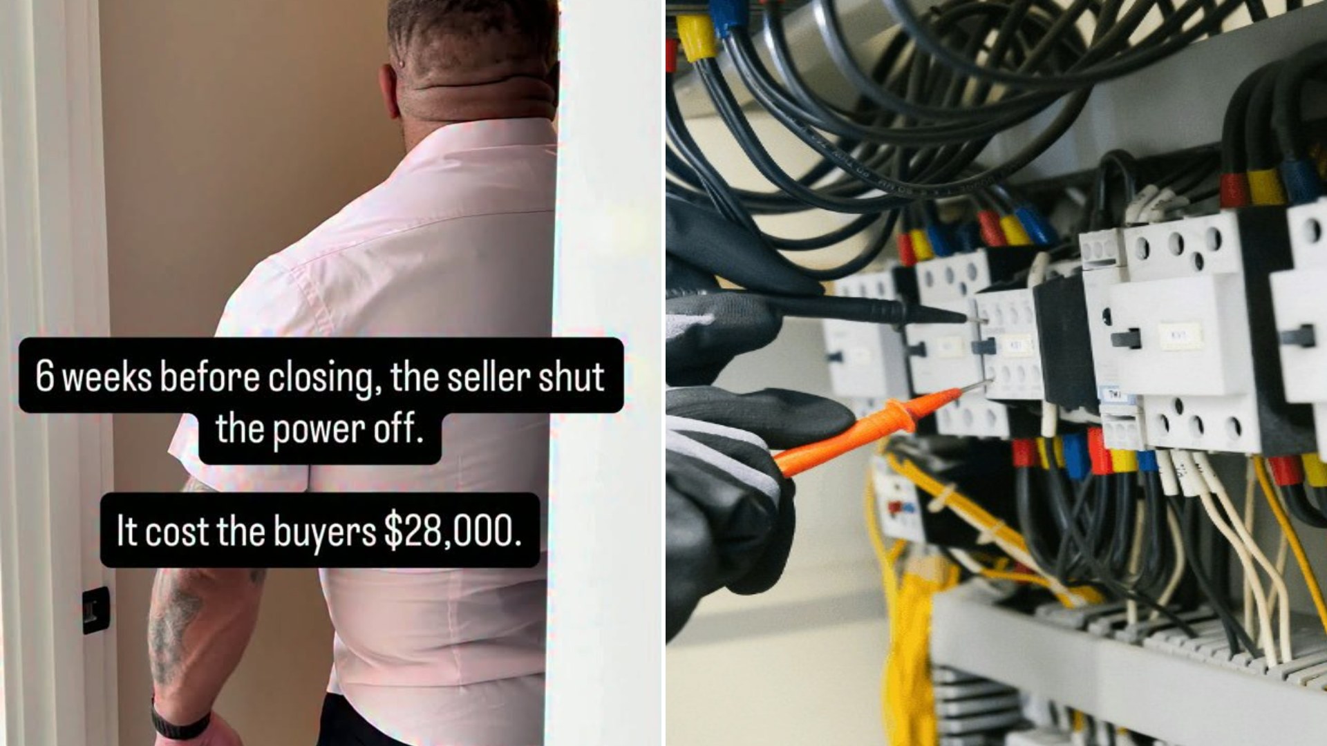 Left: cover still from an Instagram reel by @therealmikenovak. Right: an electrician working at an electrical panel (Unsplash photo by Toolmash Expo).