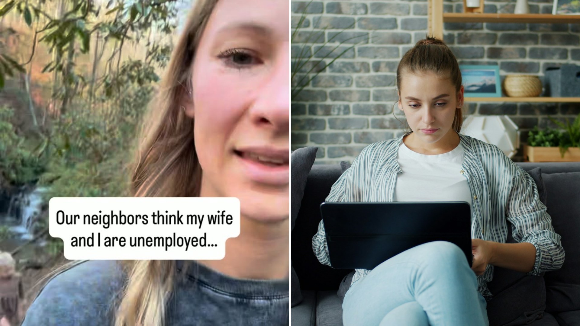 Left: cover still from an Instagram reel by @melefante6. Right: a woman on a laptop on a couch with a child (Unsplash photo by Vitaly Gariev).