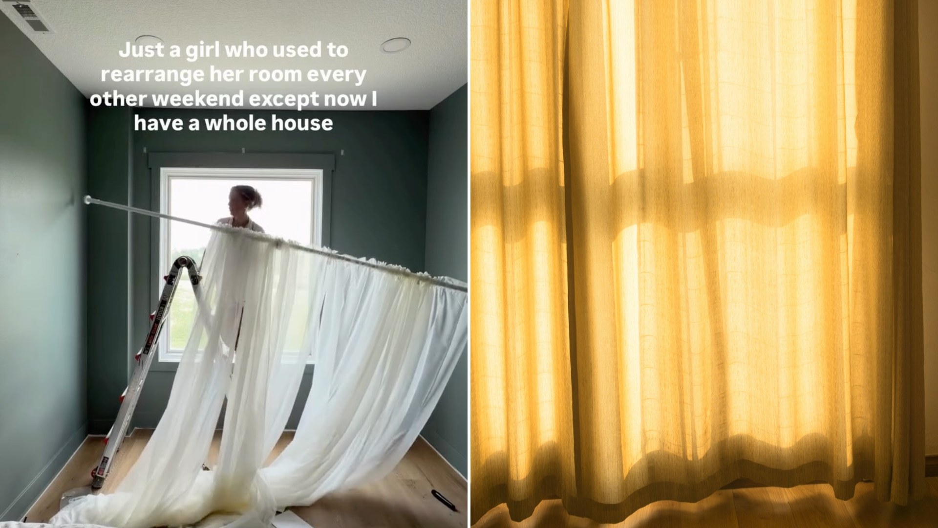 Left: cover still from an Instagram reel by @channygrayhome. Right: a sunlit white curtain at a window (Unsplash photo by Leohoho).