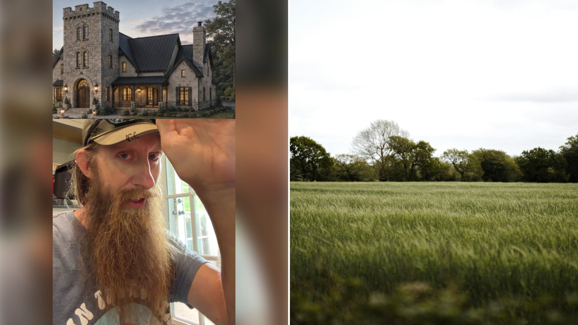 Left: cover still from a TikTok video by @natepetroski. Right: a green grass field (Unsplash photo by Annie Spratt).
