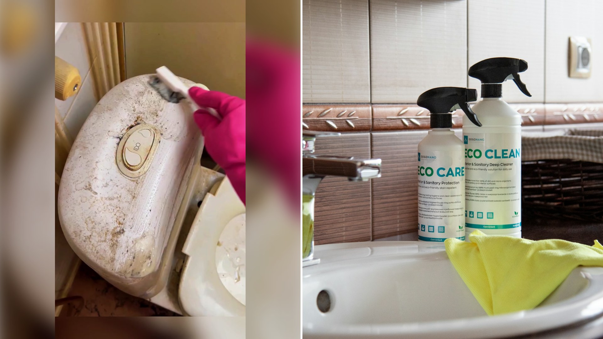 Left: cover still from a TikTok video by @prettypodhub. Right: a bathroom sink with two cleaning products (Unsplash photo by GoGoNano).