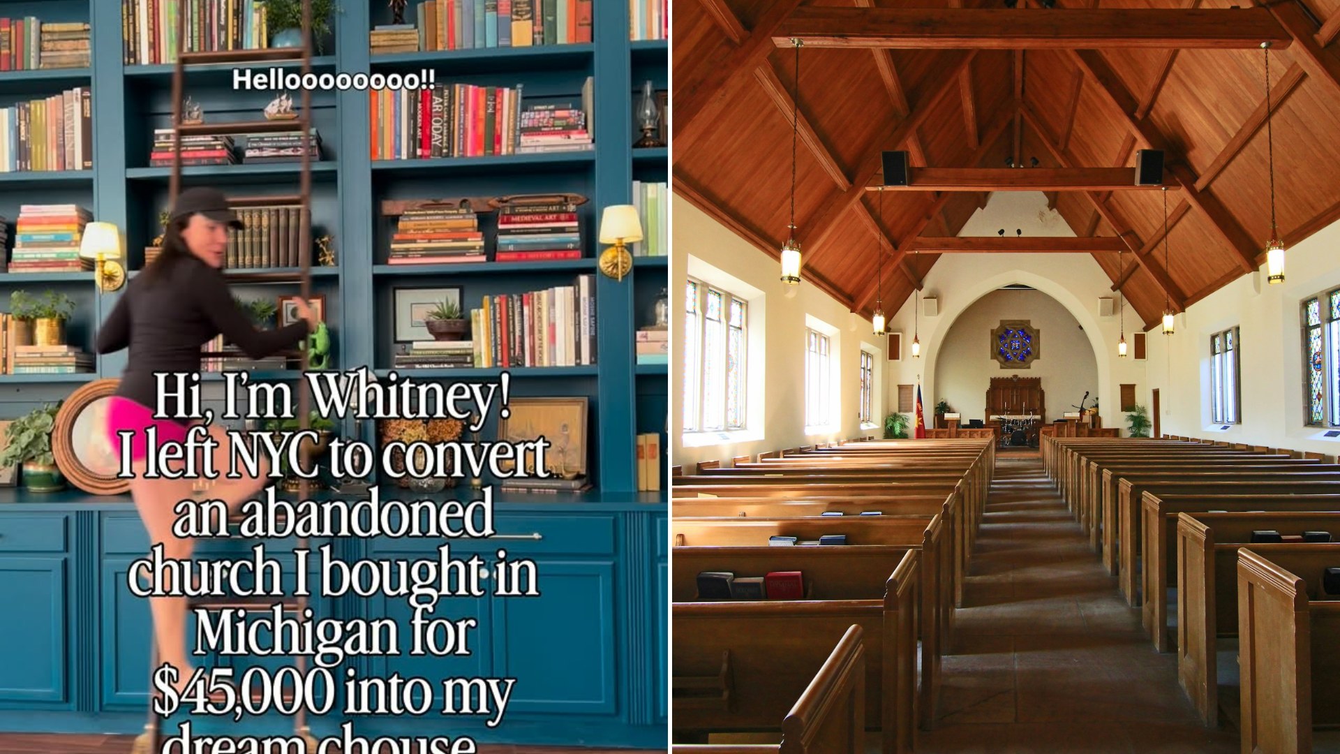 Left: cover still from an Instagram reel by @houseofvitrail. Right: the interior of a stone chapel (Unsplash photo by Debby Hudson).