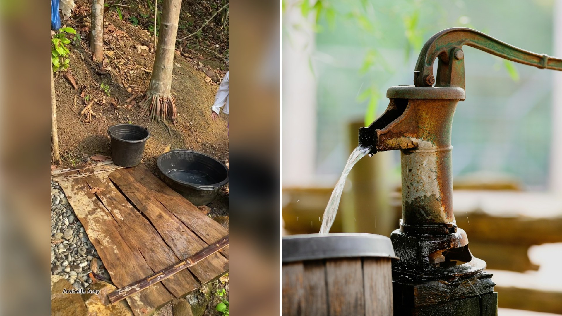 Left: cover still from a TikTok video by @arabella.arsy. Right: water pouring from a wooden bucket (Unsplash photo by Jainath Ponnala).