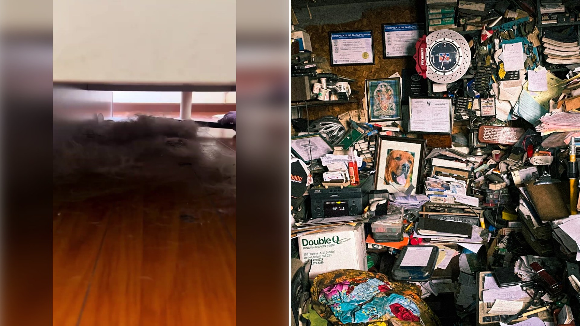 Left: cover still from a TikTok video by @des.or. Right: a cluttered desk and shelves covered with papers and objects (Unsplash photo by Nechirwan Kavian).