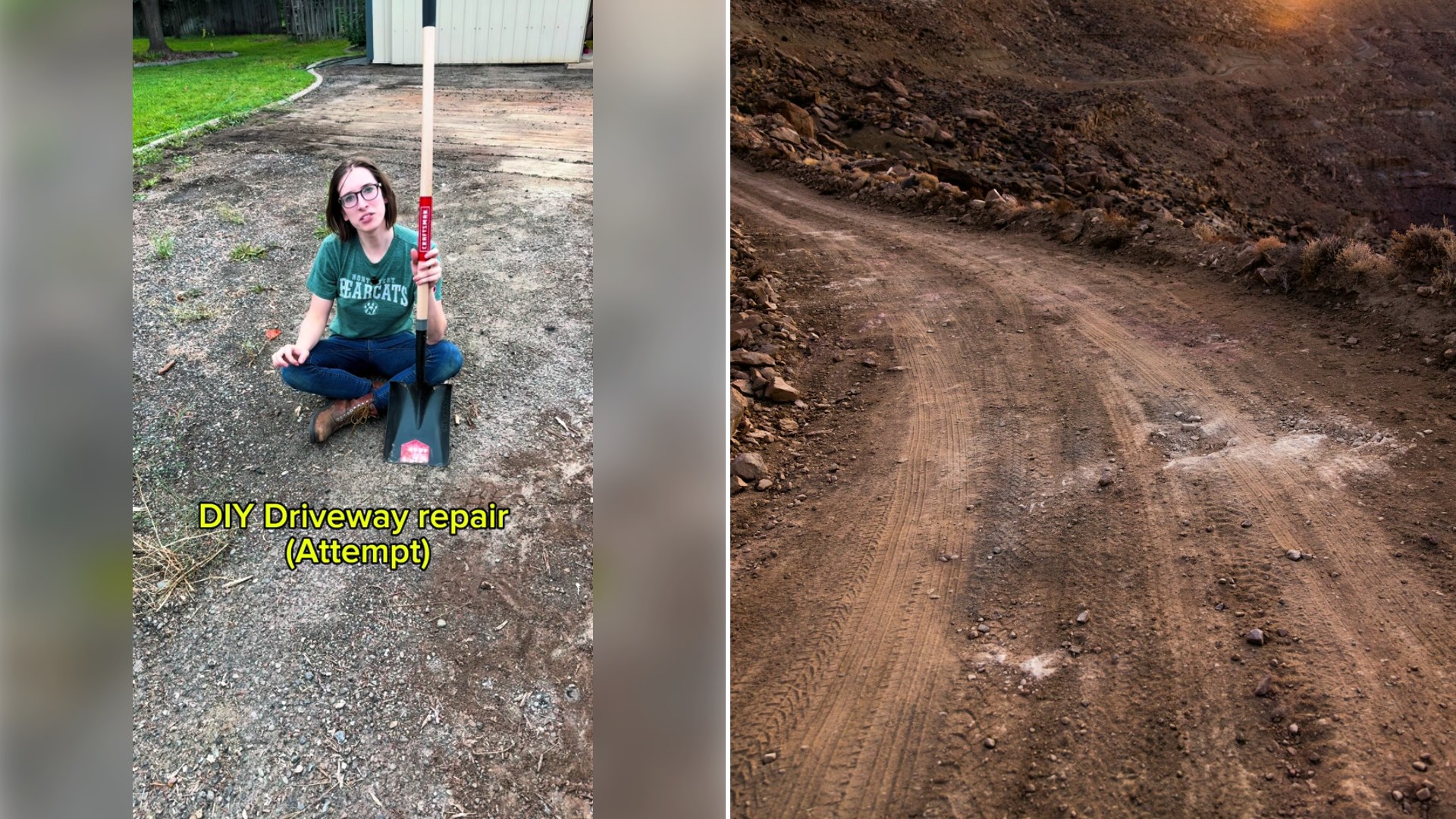 Left: cover still from a TikTok video by @cayleependerass. Right: a dirt road with tire tracks (Unsplash photo by Patrick Hendry).
