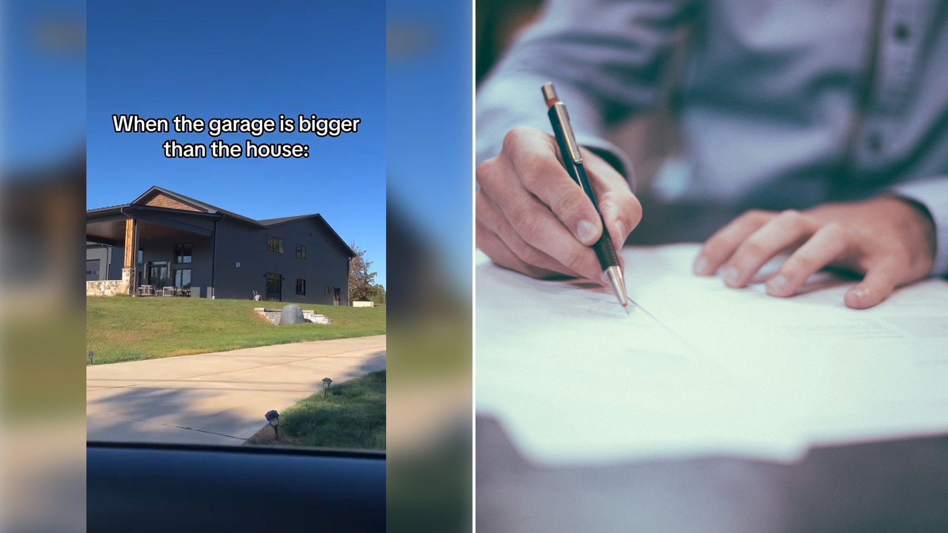 Left: still from an Instagram reel by @concretecapital_. Right: a man signing papers (Unsplash photo by Scott Graham).