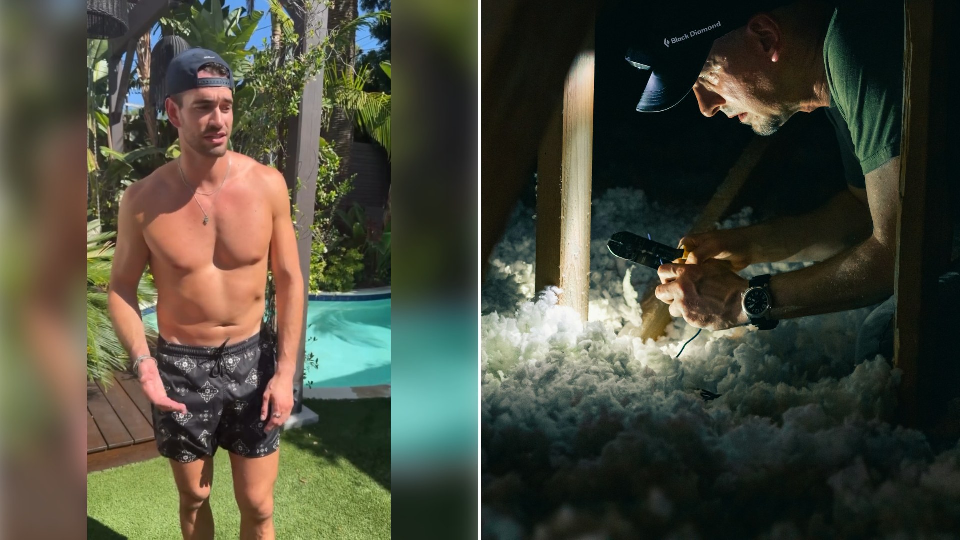Left: still from an Instagram reel by @jessesols. Right: a man working in a dark attic with a headlamp (Unsplash photo by Greg Rosenke).