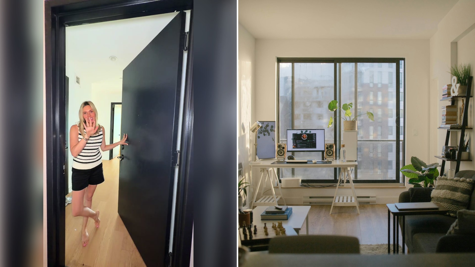 Left: cover still from a TikTok video by @kristiipartyof6. Right: a sunlit living room with a desk and sofa (Unsplash photo by Med Badr Chemmaoui).
