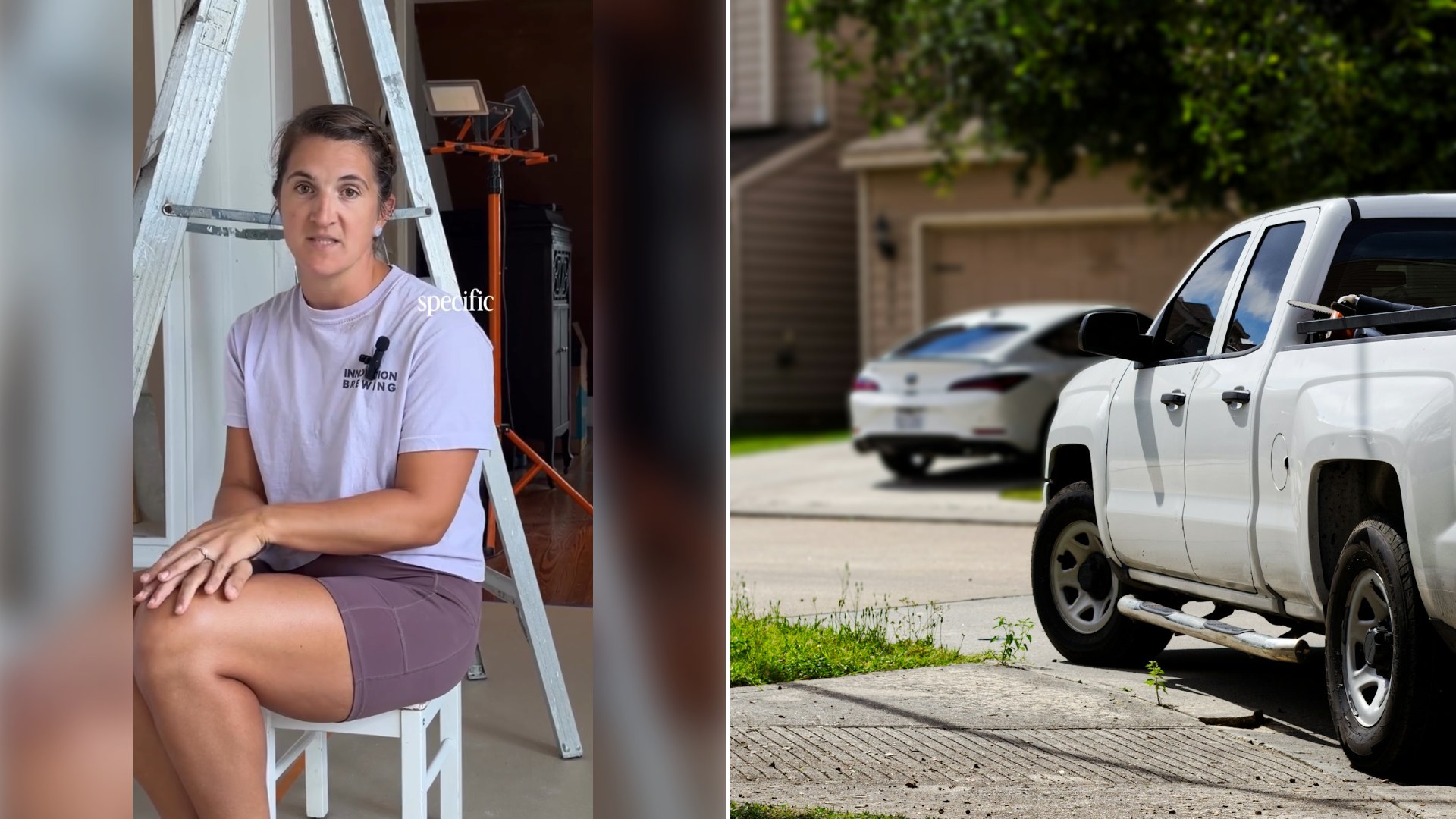 Left: still from an Instagram reel by @nancydabbles. Right: a white truck parked beside a house (Unsplash photo by Kenny Perez).