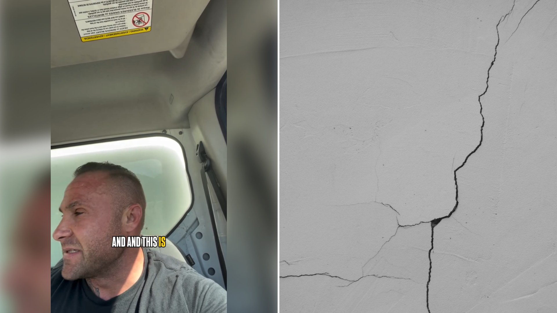 Left: still from an Instagram reel by @mikey_genchi. Right: a crack in a white wall (Unsplash photo by Lallaoke).