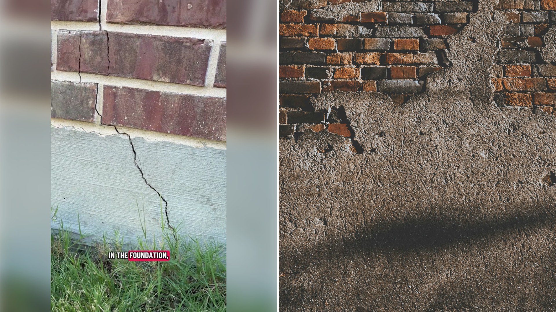Left: cover still from a TikTok video by @texpatbbq. Right: a brick wall with crumbling plaster (Unsplash photo by H&CO).