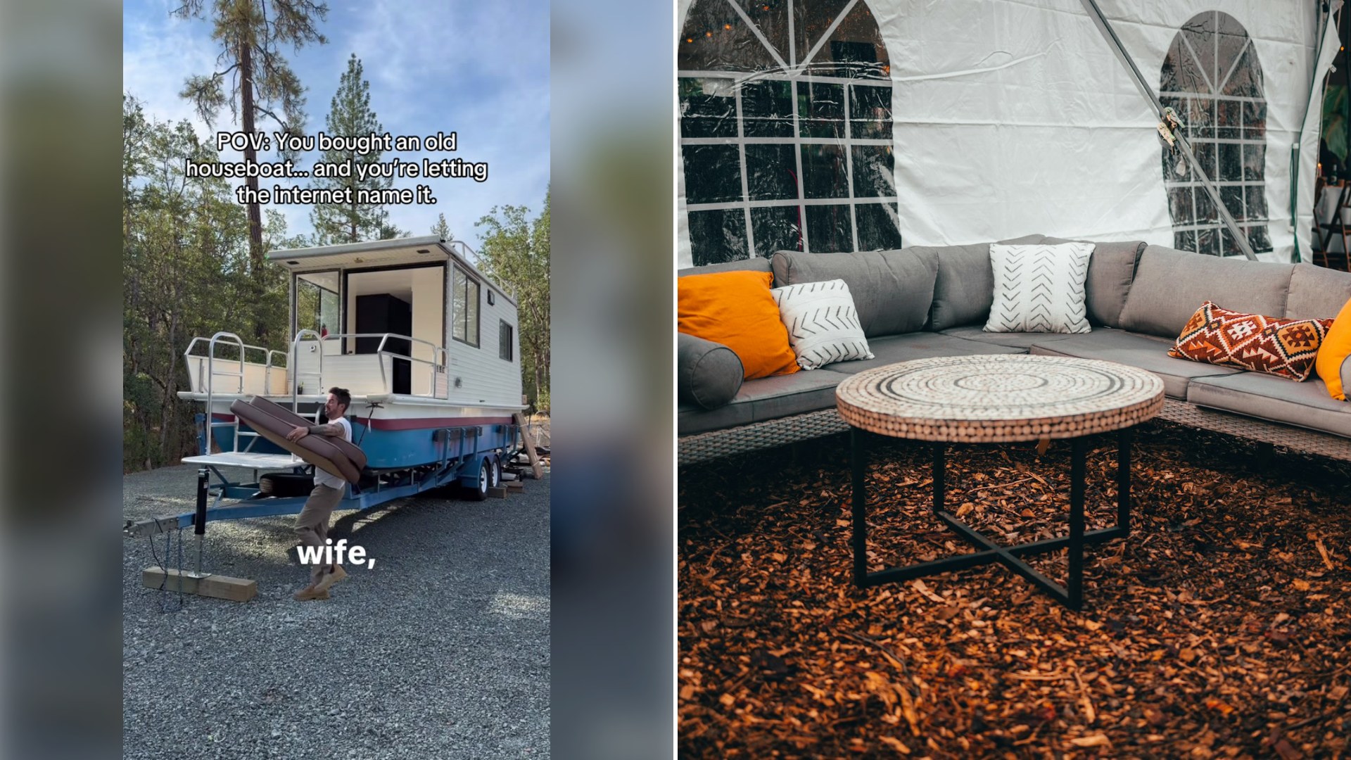 Left: cover still from a TikTok video by @dadsocial. Right: a gray sectional sofa and round coffee table under a white tent (Unsplash photo by Zane Persaud).