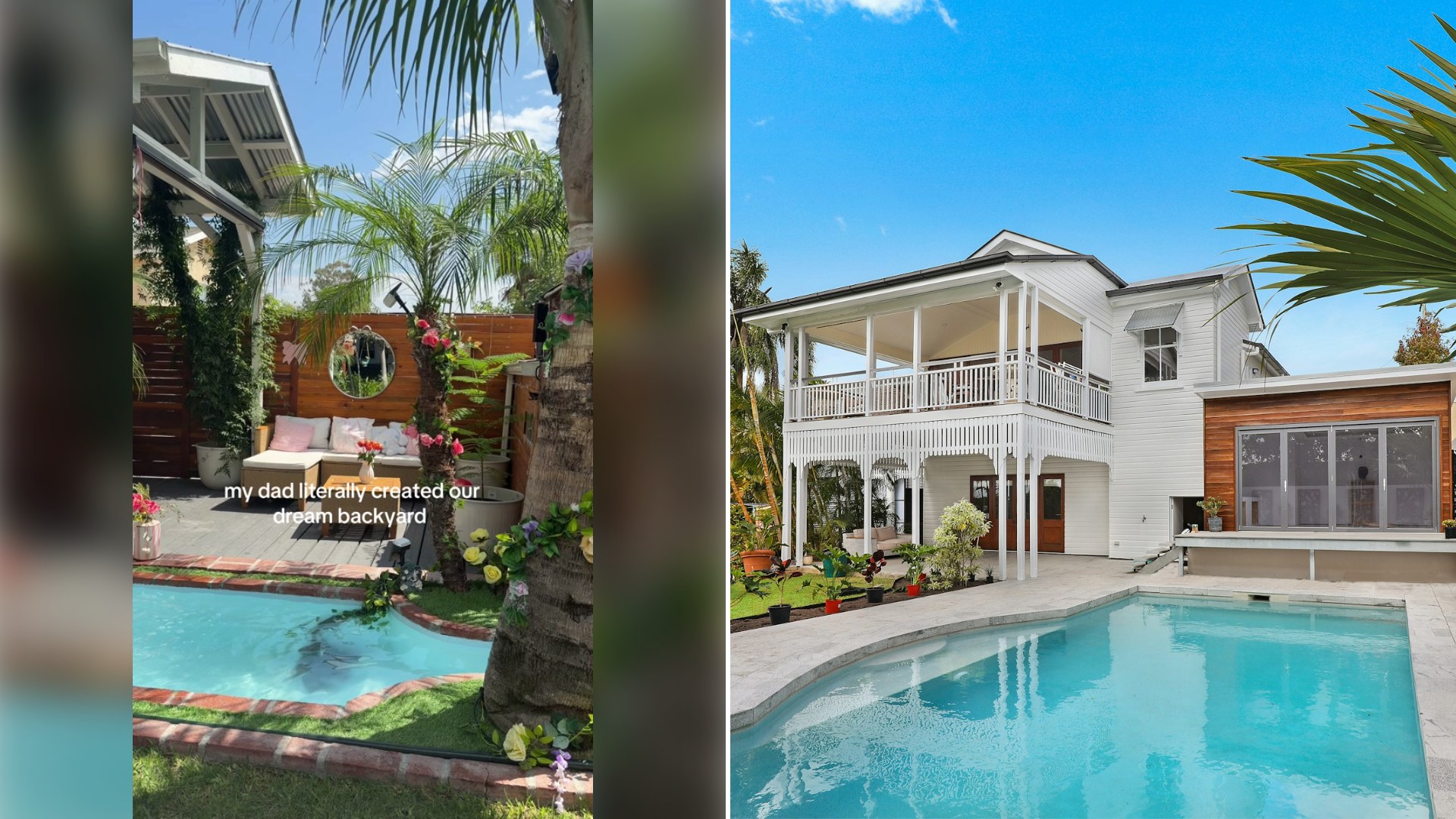 Left: cover still from a TikTok video by @piscesmami444. Right: a white house with a swimming pool in a garden (Unsplash photo by Wes Fischer).