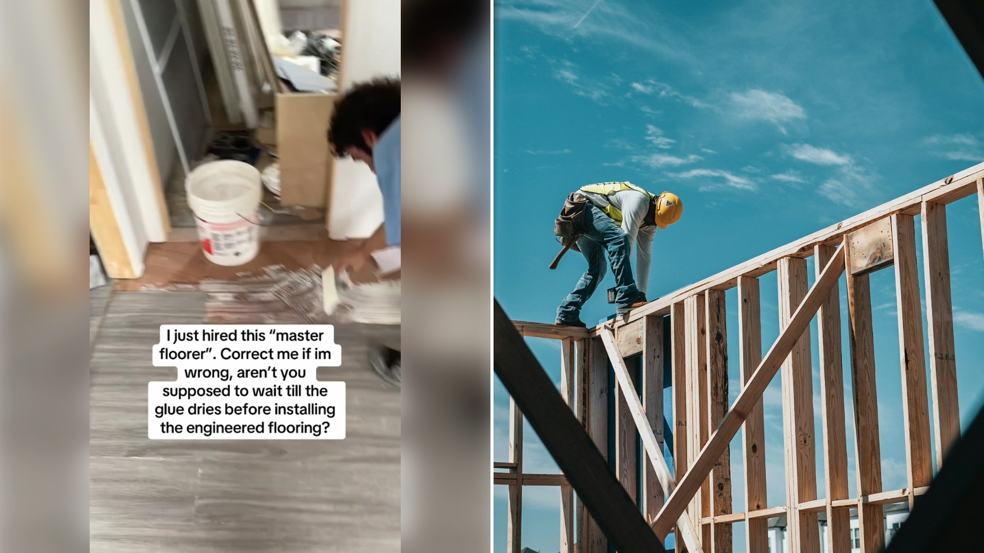 Left: cover still from a TikTok video by @chizz6041. Right: a construction worker in a hard hat on a building frame (Unsplash photo by Josh Olalde).