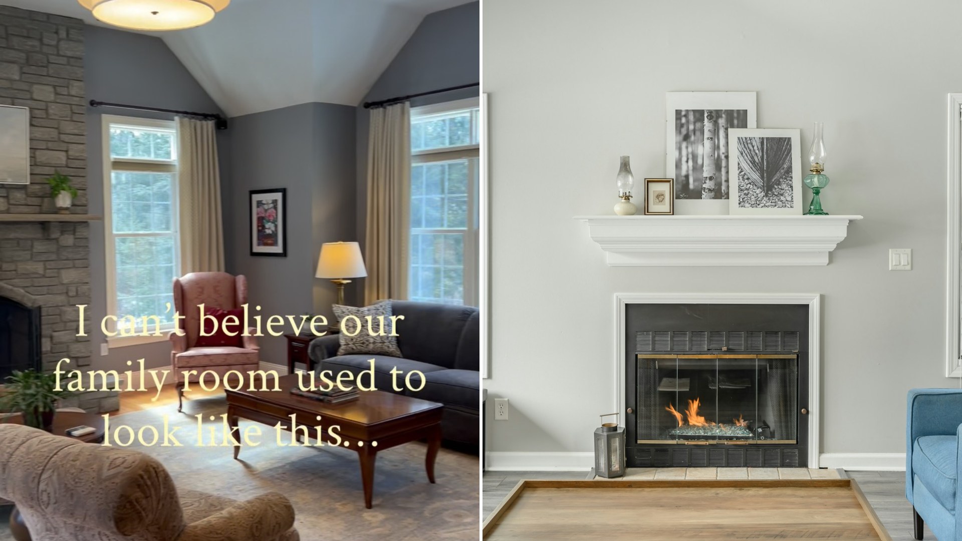 Left: cover still from an Instagram reel by @whiteberryhome. Right: a living room with a fireplace and blue chairs (Unsplash photo by Cole Ankney).