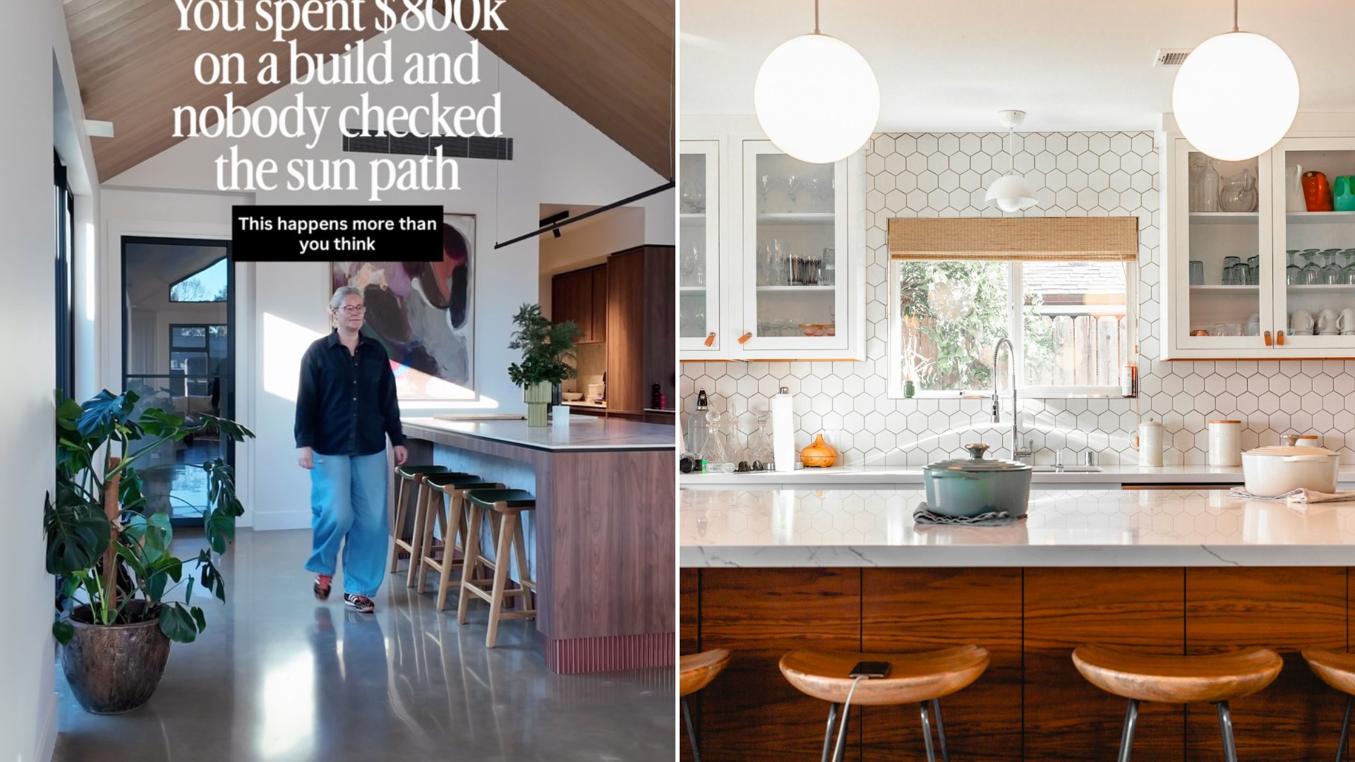 Left: cover still from an Instagram reel by @katrinas_instagram. Right: a kitchen with brown stools (Unsplash photo by roam in color).