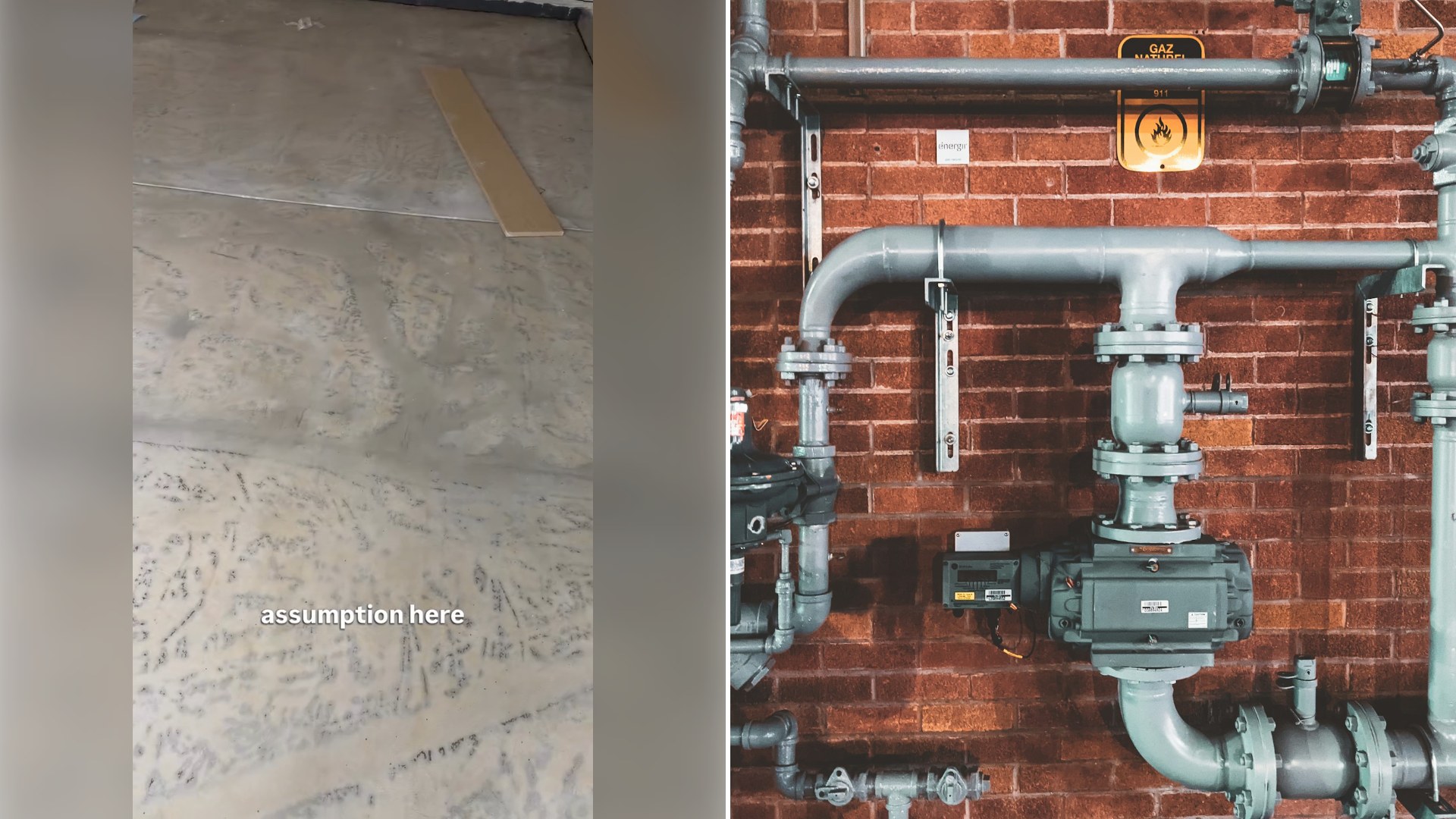 Left: still from an Instagram reel by @green_door_home_inspections. Right: a black and gray metal pipe (Unsplash photo by Compagnons).