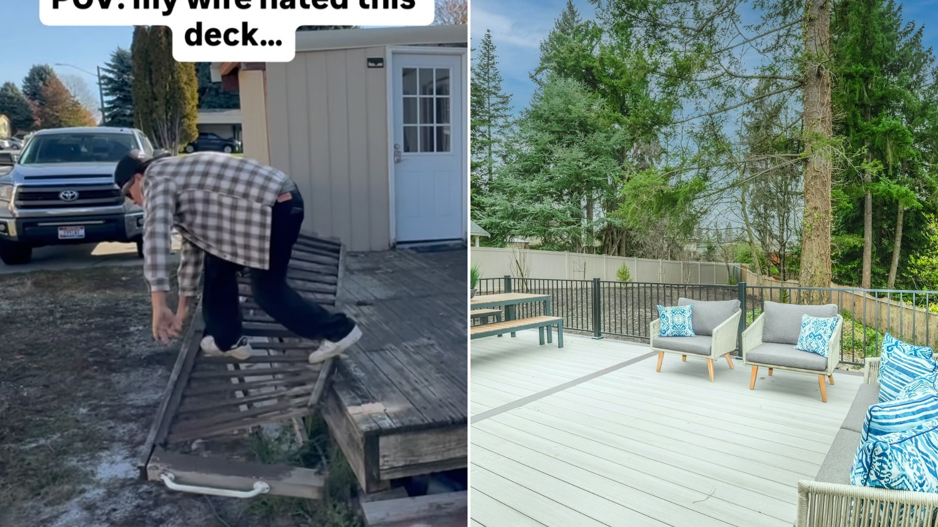 Left: cover still from an Instagram reel by @caleb.dailyy. Right: a white bench on a wooden deck (Unsplash photo by Zac Gudakov).