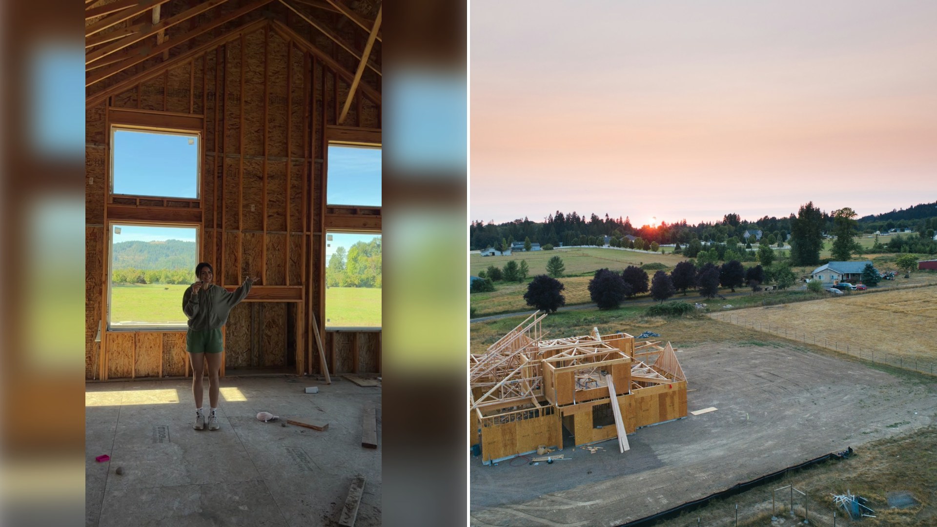 Left: cover still from a TikTok video by @alixjeanward. Right: a wooden building frame (Unsplash photo by Avel Chuklanov).