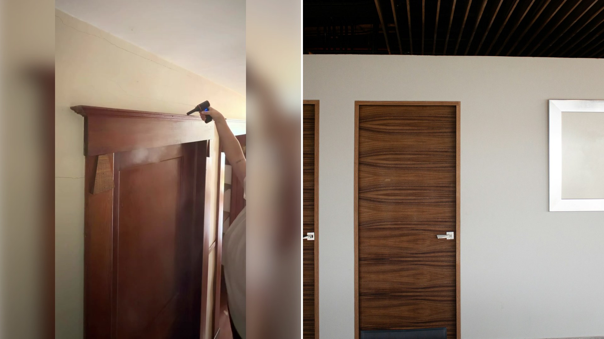 Left: cover still from a TikTok video by @ashtonboughtahouse. Right: a brown wooden door beside a white wall (Unsplash photo by Domingo Alvarez E).