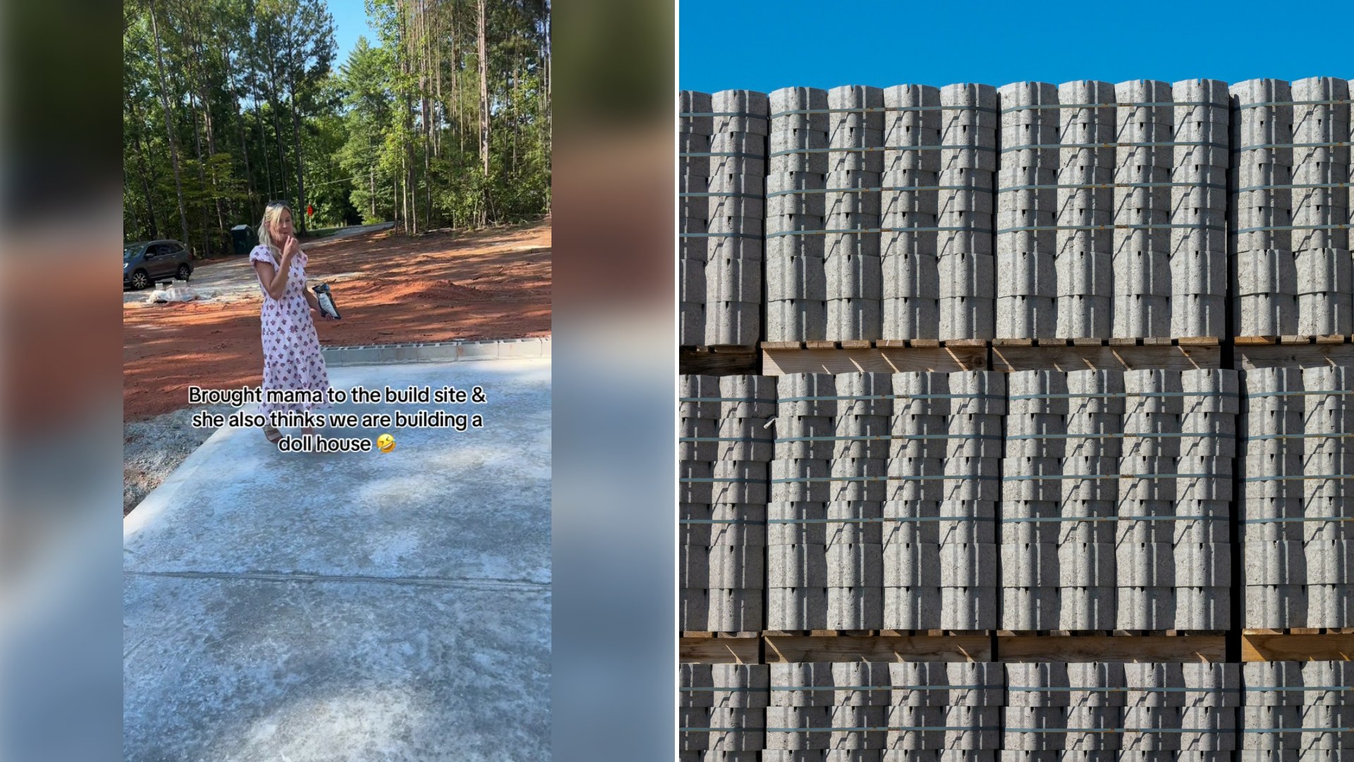 Left: cover still from a TikTok video by @everydaywiththeellises. Right: stacks of grey concrete blocks under a blue sky (Unsplash photo by Sergej (skstrannik)).