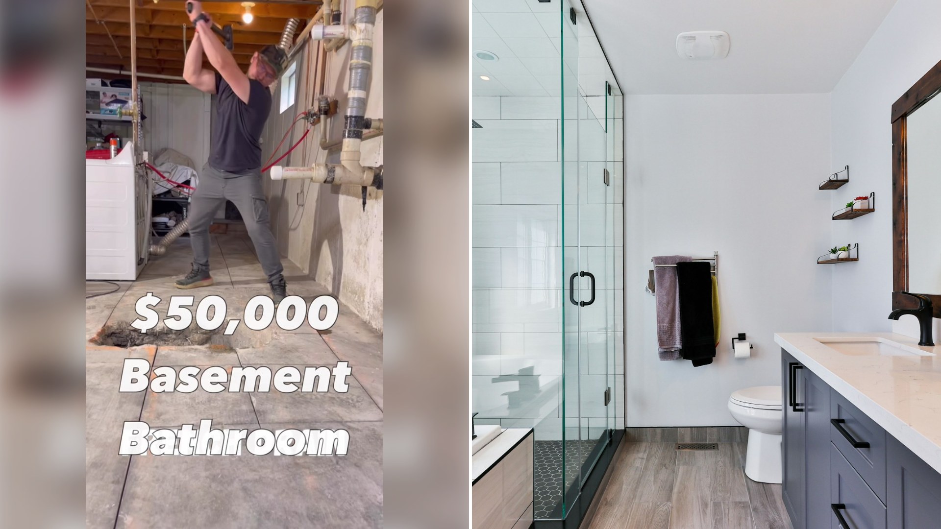 Left: cover still from a TikTok video by @winnidesigns. Right: a modern bathroom with a shower and vanity (Unsplash photo by Lotus Design N Print).