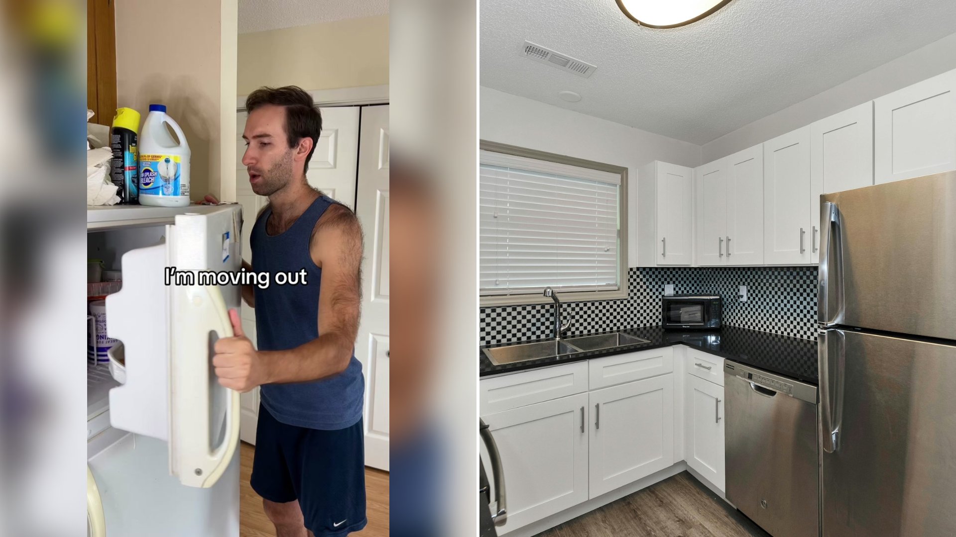 Left: cover still from a TikTok video by @baddie.brad. Right: a refrigerator beside white kitchen cabinets (Unsplash photo by Zac Gudakov).
