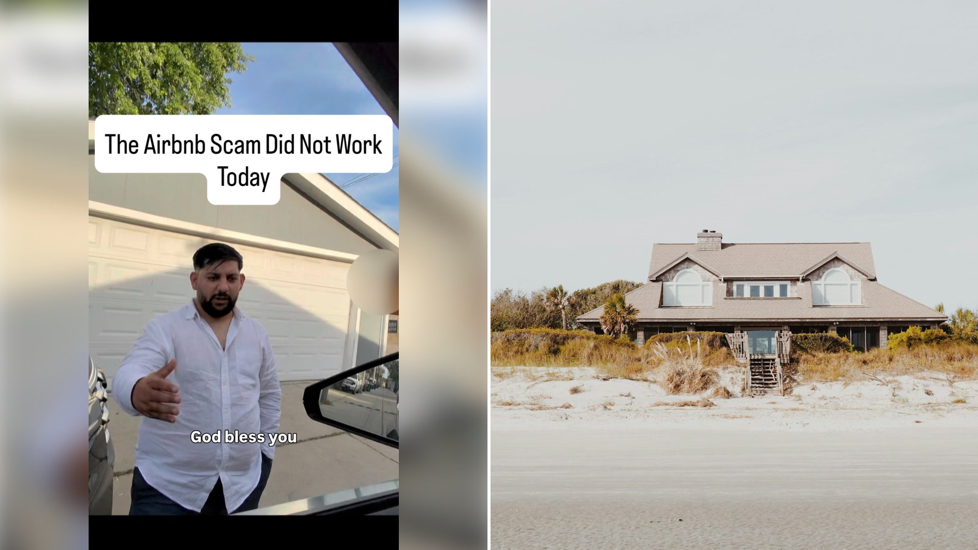 Left: cover still from an Instagram reel by @atelobnb. Right: a beach house behind dune grass (Unsplash photo by katie manning).