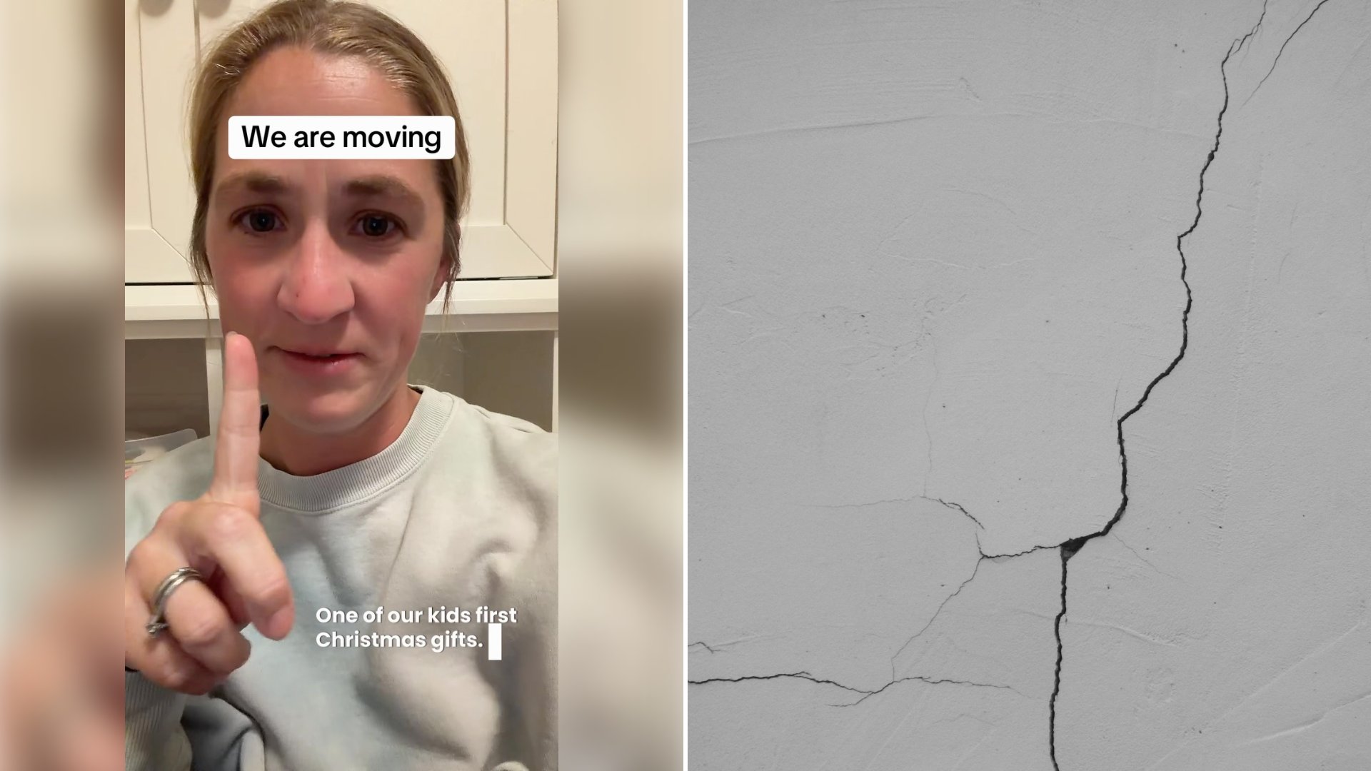Left: cover still from an Instagram reel by @themomchats. Right: a crack in the side of a white wall (Unsplash photo by Lallaoke).