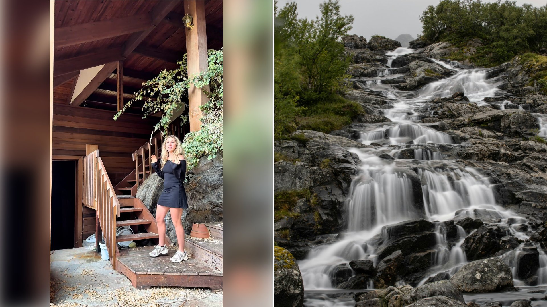 Left: cover still from an Instagram reel by @a.bbe. Right: a waterfall with rocks and trees (Unsplash photo by Paul Steiner).