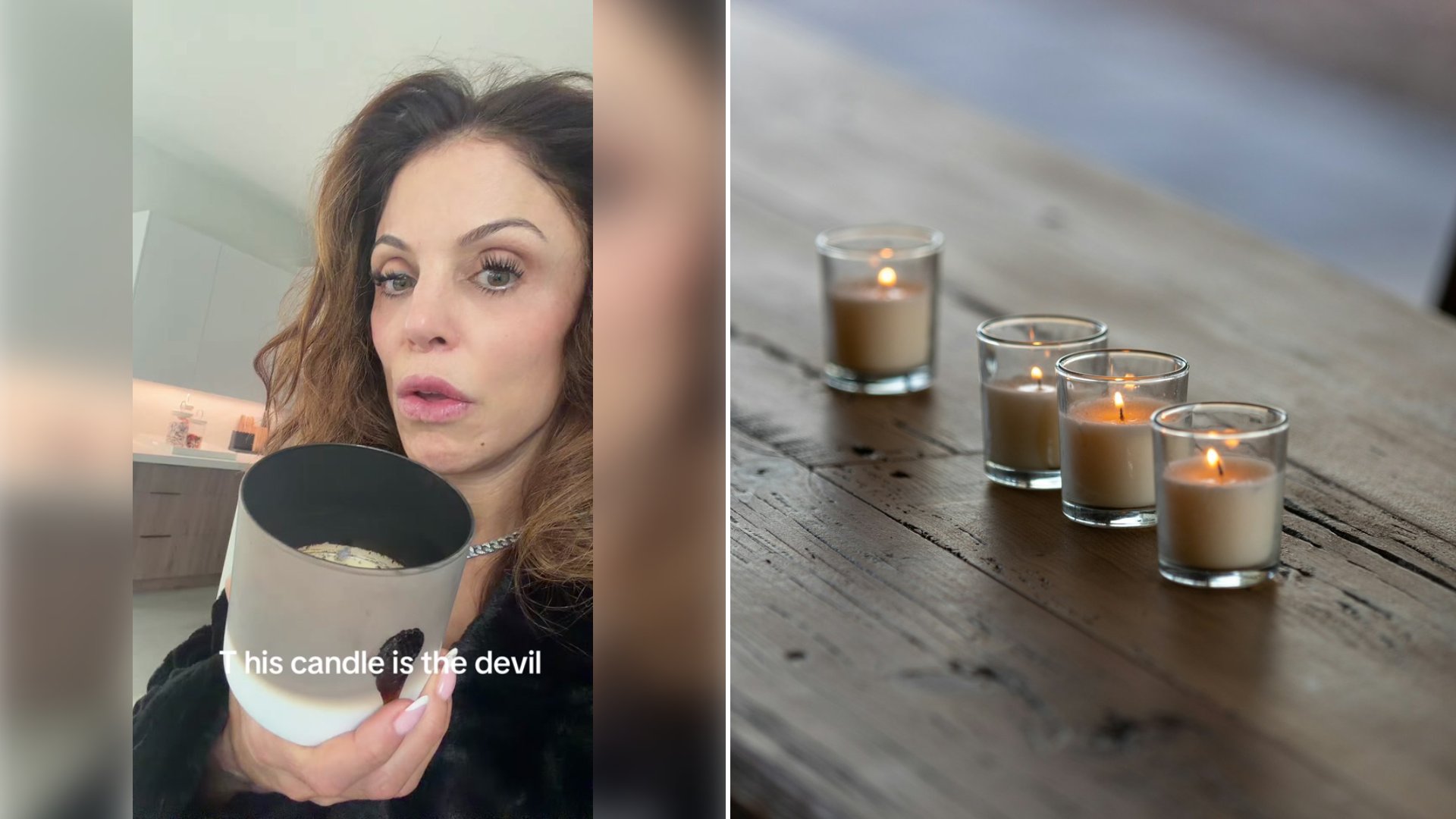 Left: cover still from a TikTok video by @bethennyfrankel. Right: four votive candles (Unsplash photo by Dave Phillips).