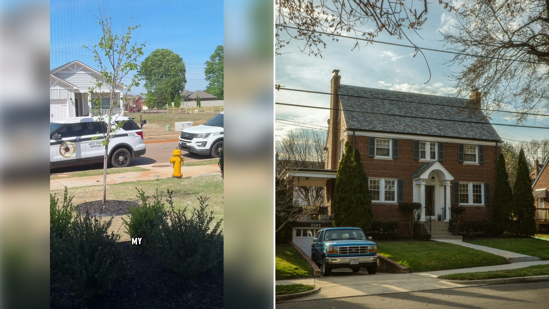 Left: cover still from a TikTok video by @djkrell. Right: a brick house with a blue truck in the driveway (Unsplash photo by Nils Huenerfuerst).
